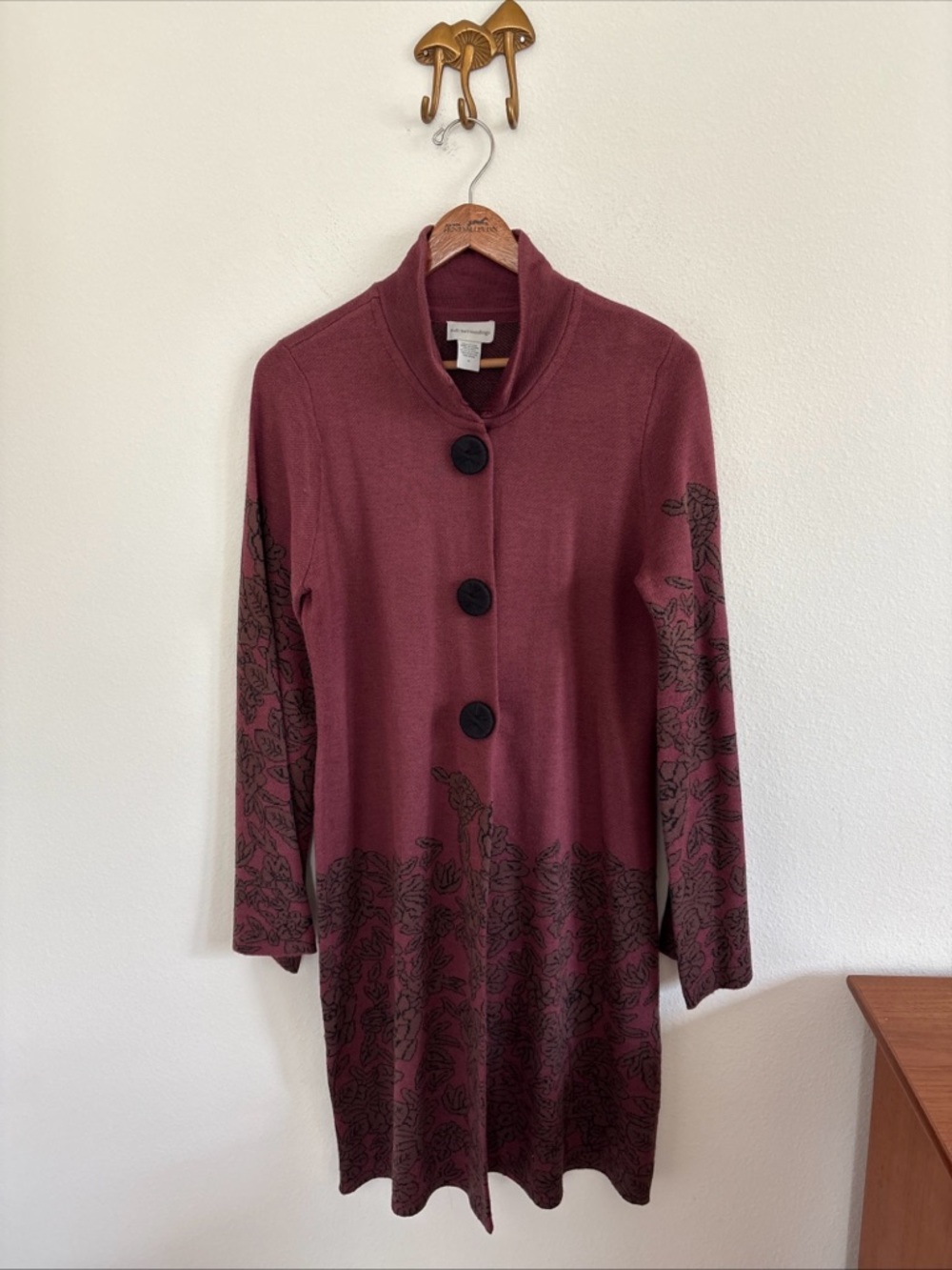 Soft Surroundings Burgundy Floral Merino Wool Duster Cardigan Art to wear size M